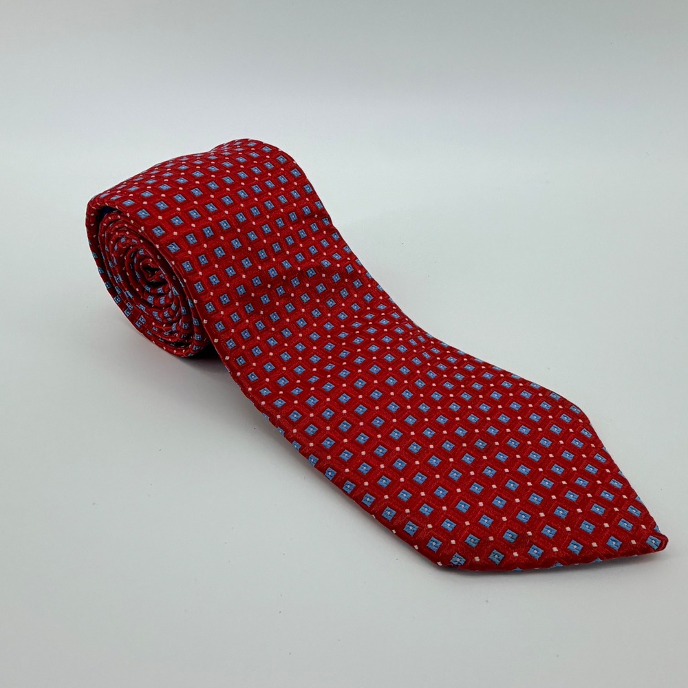 Ted Baker Geometric Silk Tie Mens OS Red Blue Square Pattern Made in USA